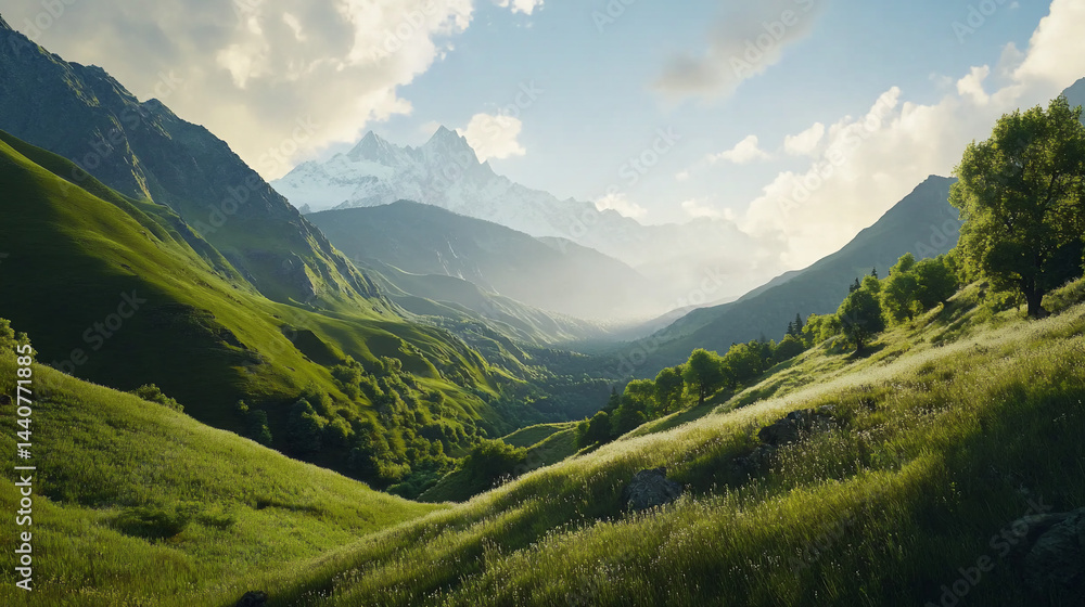 Lush valley, majestic mountains Lush valley, majestic mountains