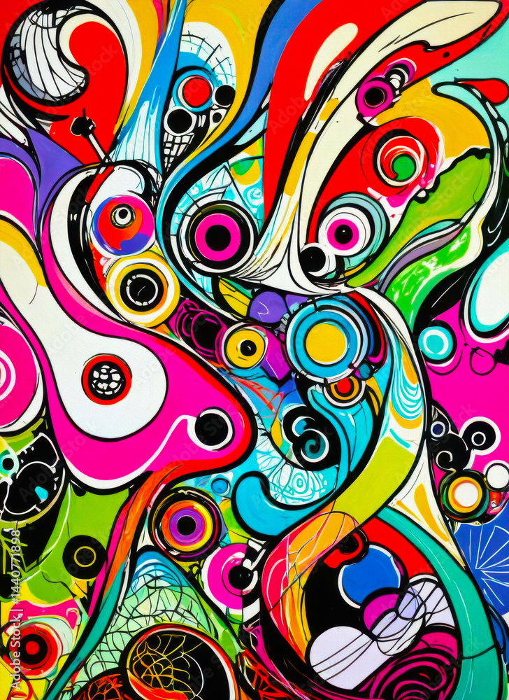 Fototapeta premium Psychedelic urban graffiti artwork with bright colors, distorted shapes, bold outlines, and fluid forms. Surreal and playful, perfect for posters, album covers, web visuals, or digital art projects.