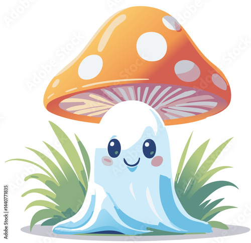 Adorable Cartoon Ghost with a Mushroom Hat in a Whimsical Forest Scene

