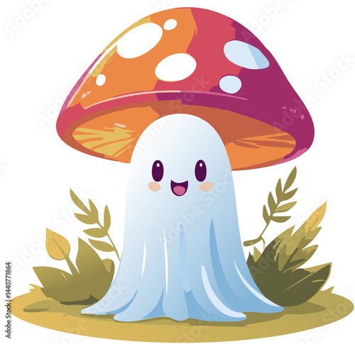 Adorable Cartoon Ghost with a Mushroom Hat in a Whimsical Forest Scene

