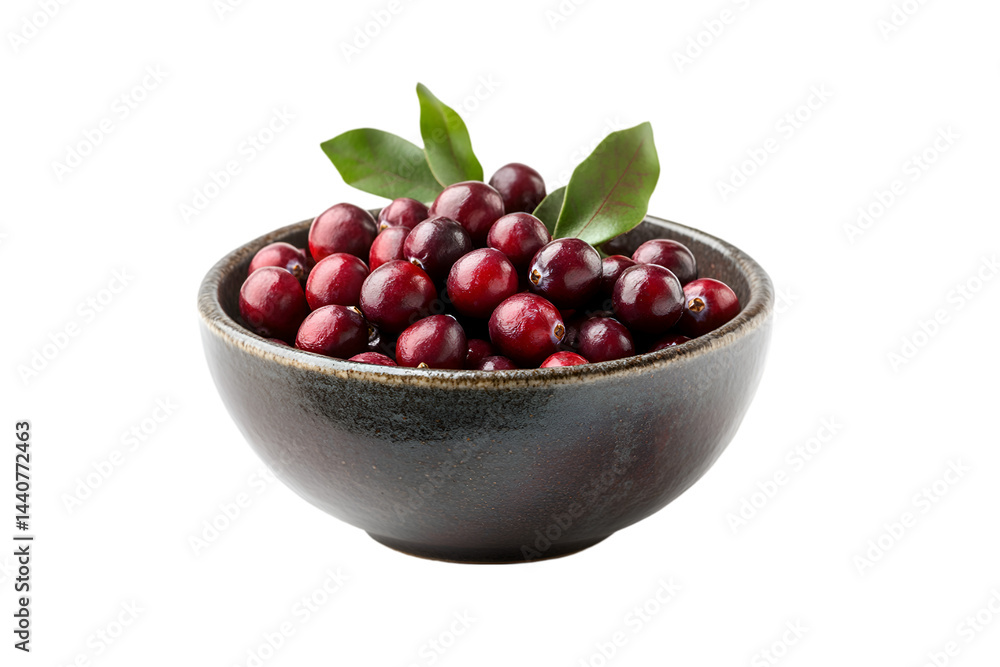 Fresh Cranberries in a Dark Bowl with Green Leaves Fresh Cranberries in a Dark Bowl with Green Leaves