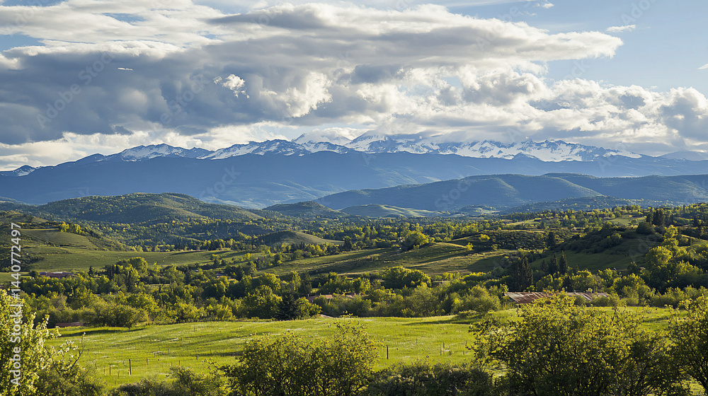 Fototapeta premium Lush valley, snow-capped mountains