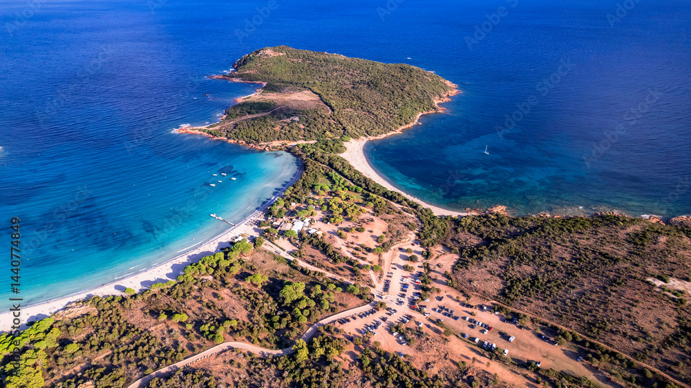 Best beaches of Corsica island - aerial panoramic view of beautiful Rondinara beach with crystal turquoise sea.