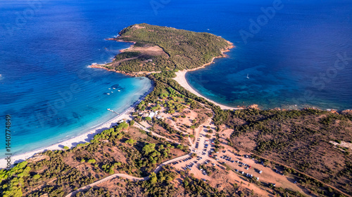 Obraz na płótnie Best beaches of Corsica island - aerial panoramic view of beautiful Rondinara beach with crystal turquoise sea. w salonie