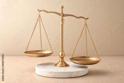 Golden Scale Balance, Metal Chains, Marble Base, Soft Lighting, Studio Shot, Beige Tone
