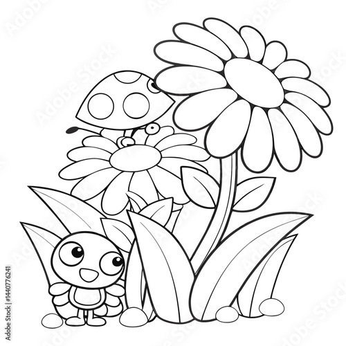 Cartoon Bugs and Flowers Outline