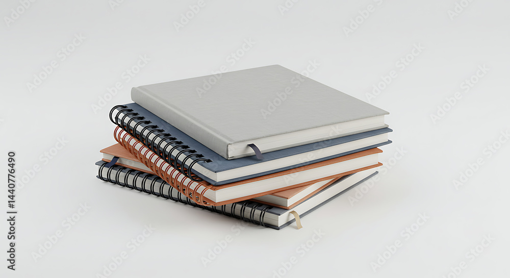 A neat stack of four different notebooks sits isolated on a clean white background A neat stack of four different notebooks sits isolated on a clean white background
