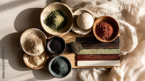 Assorted natural powders and wood samples