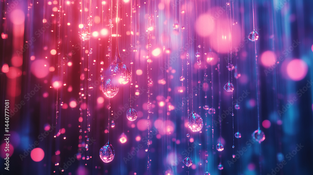 Cascade of glowing droplets freezing in time abstract background 