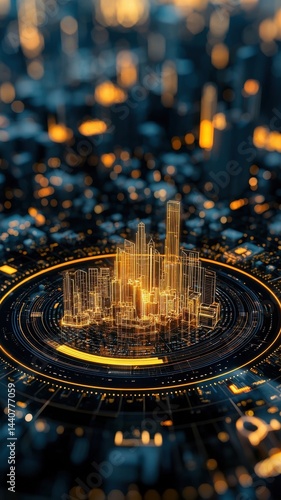 Tax strategy wealth audit. A futuristic cityscape made of glowing circuits, blending urban skyline with digital technology elements.