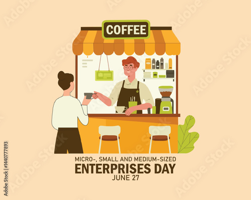 Vector illustration of man selling coffee in roadside cafe as banner or poster, Micro-, Small and Medium-sized Enterprises Day.