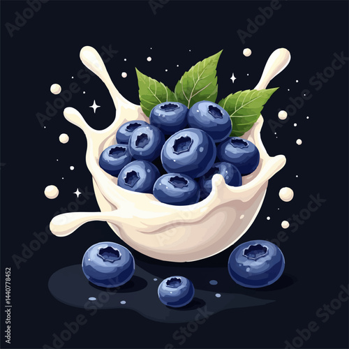 Vector design with blueberry berry, mint leaves, cream splashes of milk yogurt isolated 
on black background. Fashionable print for paper, 
fruit juice, ice cream, food packaging.