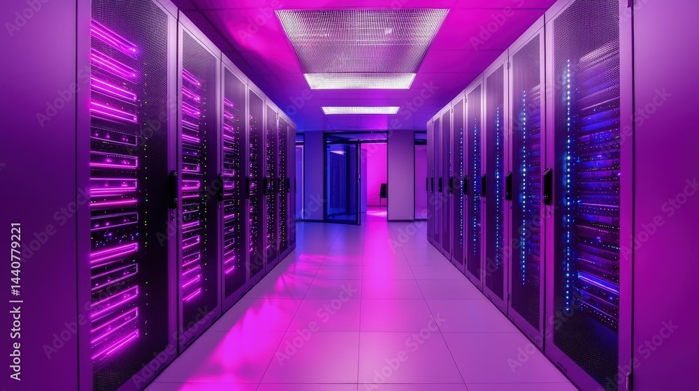 Fototapeta premium Modern server room with pink and blue neon lighting reflecting on the glossy floor, ideal for cloud computing, cybersecurity, technology infrastructure, and futuristic network visuals
