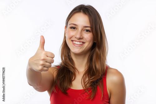 Wallpaper Mural A cheerful woman with long brown hair, wearing a red tank top, smiling brightly and giving a thumbs-up sign against a white background. Torontodigital.ca