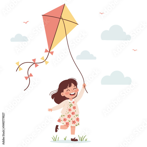 Illustration of happy girl flying kite outdoors on a sunny day with clouds and birds vector art