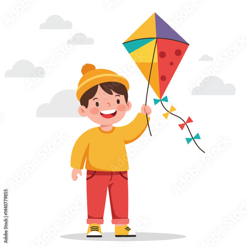 Illustration of happy boy flying kite outdoor activity childhood joy and recreation vector design art