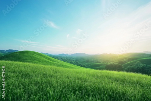 serene and picturesque landscape featuring gently rolling green hills under a clear blue sky. The scene exudes tranquility and natural beauty, with vibrant green grass covering