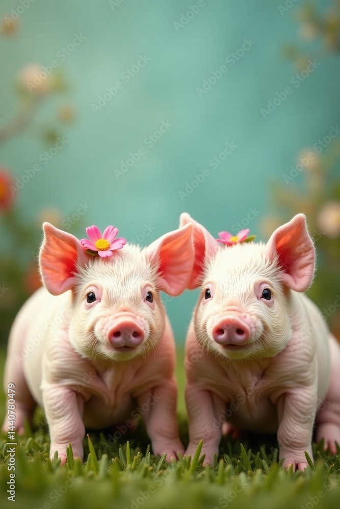 Small piglets with flower headbands, joyful gathering, swine, animals, celebration Small piglets with flower headbands, joyful gathering, swine, animals, celebration