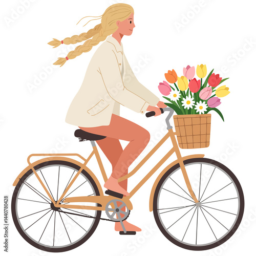 Woman riding bicycle with flower basket illustration for spring season and outdoor activities