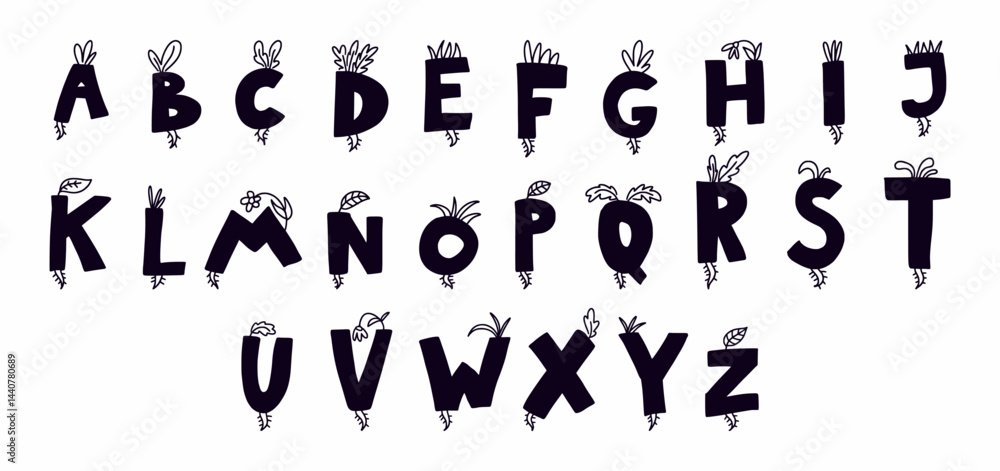 Naklejka premium Hand drawn font in doodle style with leaves and plants. Vector alphabet