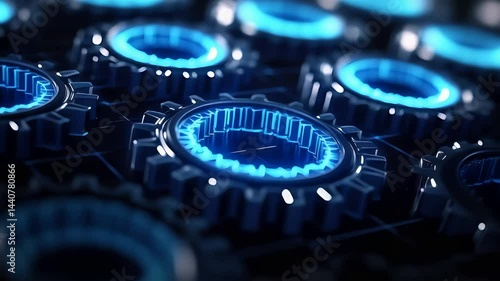 Multiple glowing blue mechanical gears rotating together in seamless industrial system under futuristic bright lighting

