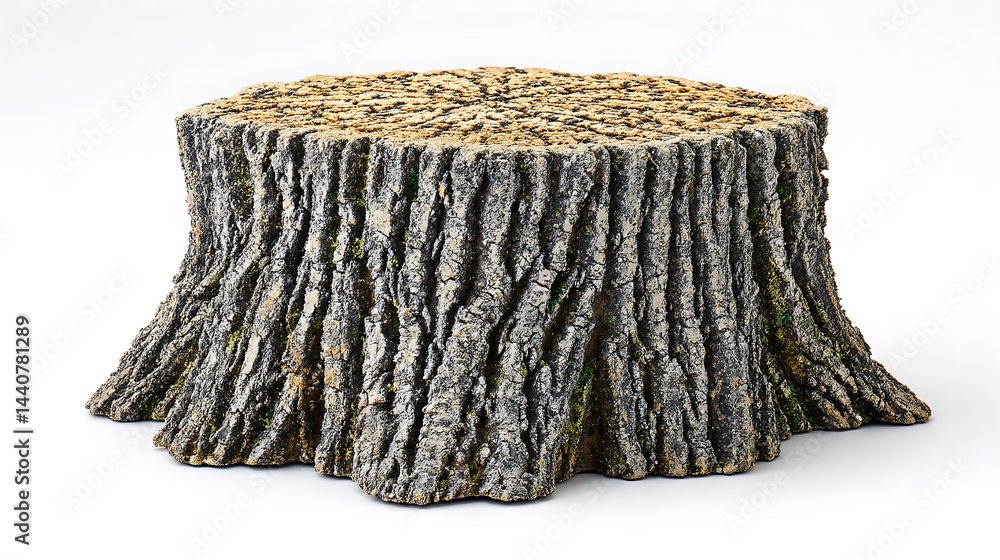Fototapeta premium Weathered, textured tree stump isolated on white. Detailed bark and cut top