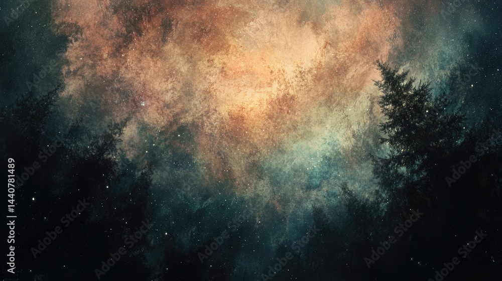 Obraz premium A galaxy of stars stretching across the sky above a dark forest clearing