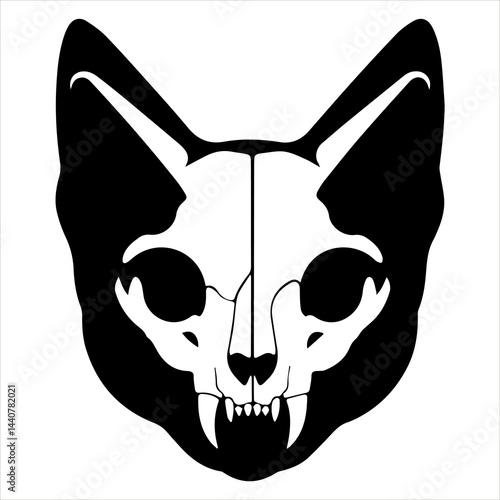 Cat skull silhouette in black and white, gothic spooky design for Halloween Vector Illustration