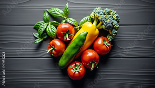 A heart made of vegetables including tomatoes, cucumbers, and broccoli. The heart is surrounded by green leaves and stems