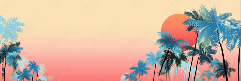 Sunset Palms: Serene sunset scene featuring a row of palm trees silhouetted against a warm, inviting sky. Perfect for conveying tranquility, travel, and the beauty of nature. Sunset Palms: Serene sunset scene featuring a row of palm trees silhouetted against a warm, inviting sky. Perfect for conveying tranquility, travel, and the beauty of nature.