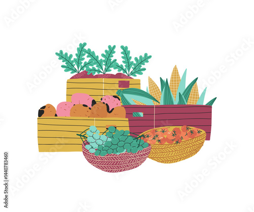Colorful basket of fresh vegetables illustration. Organic farm produce including carrots, greens, and beets. Ideal for healthy eating, farmers market promotions, and vegetarian lifestyle designs