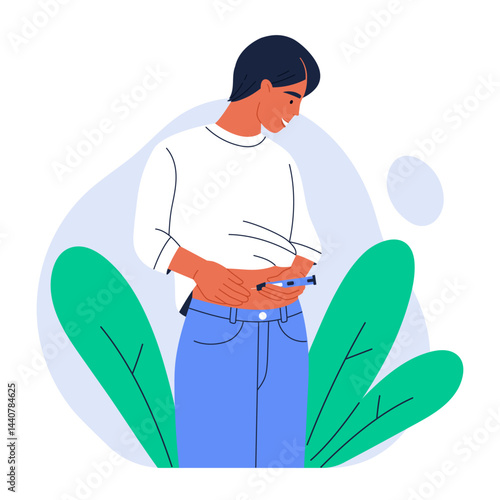 Woman injecting insulin into her belly with a pen. Blood glucose level test. Female patient with diabetes. Diabetes treatment, awareness day, healthcare. Isolated vector illustration in cartoon style