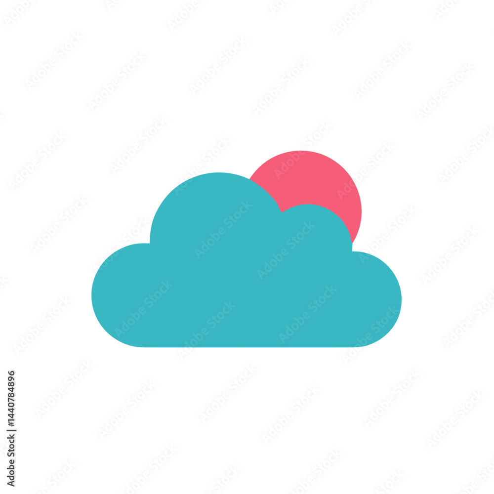 Cloud icon with a pink sun in the background on a white backdrop Cloud icon with a pink sun in the background on a white backdrop