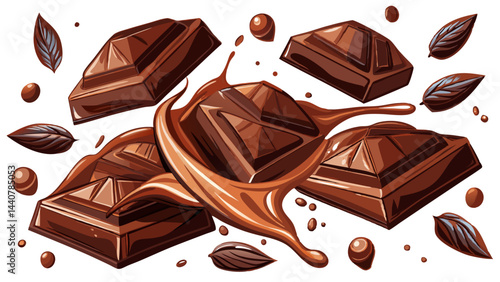 Pieces of dark chocolate falling close up on a white background