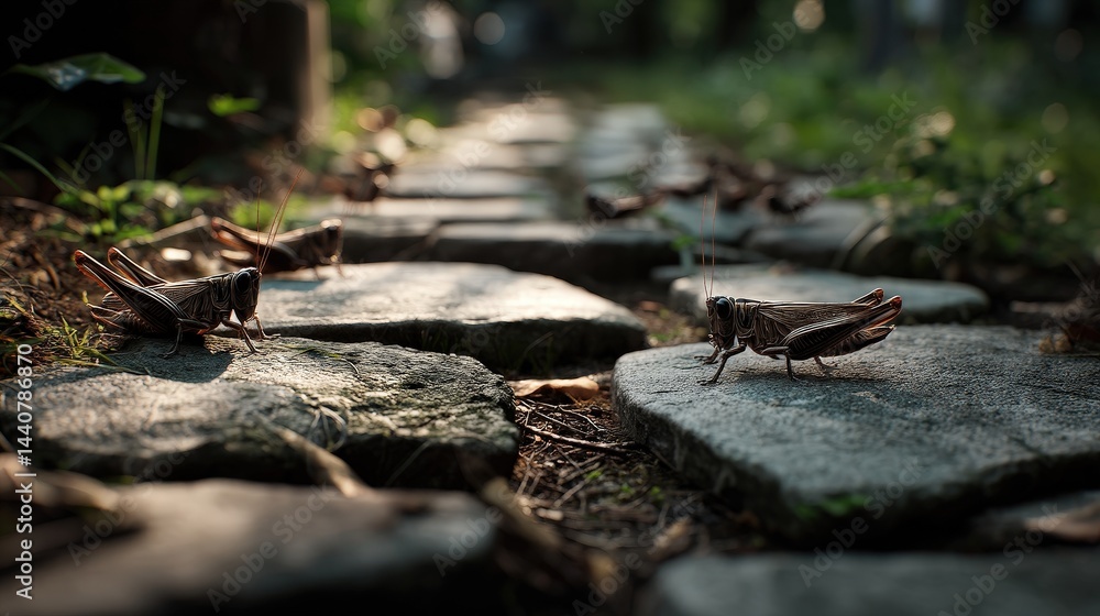 Fototapeta premium Crickets singing stone pathway realistic photograph natural environment ground level evening serenade