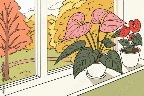 41 Indoor window sill, vibrant flowering plants, anthurium, large glossy leaves, pink and red flowers, white ceramic pots, bright natural light, lush garden view outside, colorful foliage, autumn colo