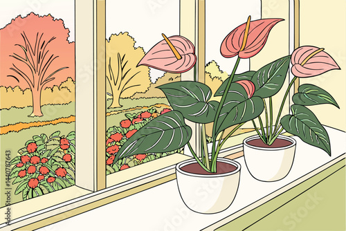 41 Indoor window sill, vibrant flowering plants, anthurium, large glossy leaves, pink and red flowers, white ceramic pots, bright natural light, lush garden view outside, colorful foliage, autumn colo