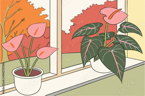 41 Indoor window sill, vibrant flowering plants, anthurium, large glossy leaves, pink and red flowers, white ceramic pots, bright natural light, lush garden view outside, colorful foliage, autumn colo