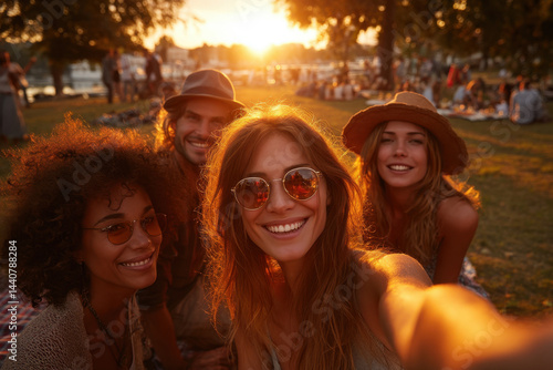 Group of friends taking a selfie at the beach with colorful umbrellas and a sparkling ocean in the background.
