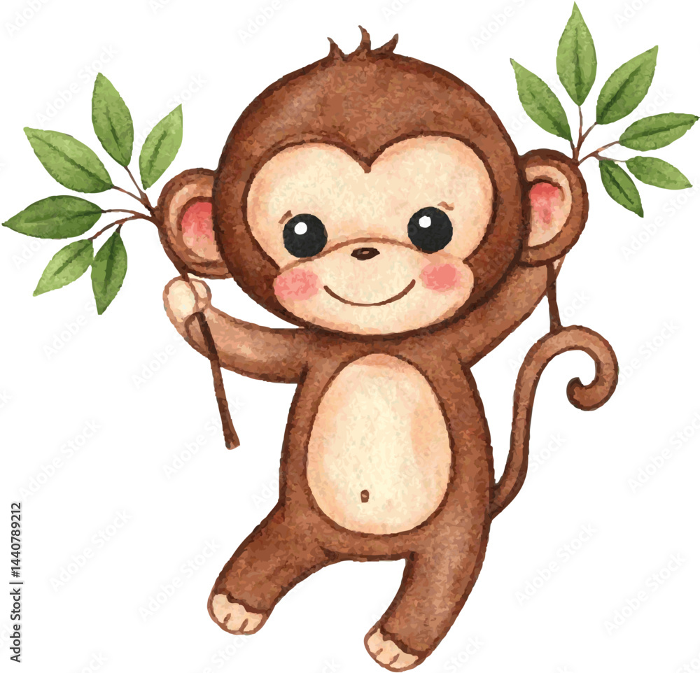 Fototapeta premium Playful Baby Monkey holding branches