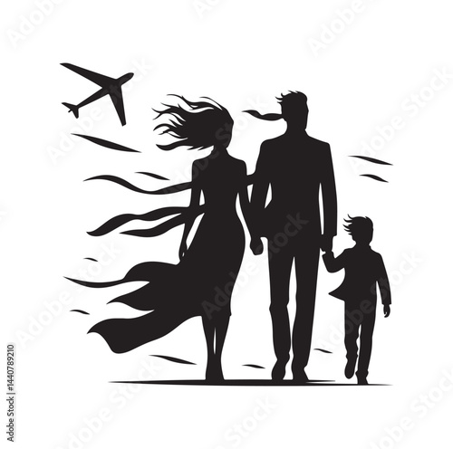 Family against the wind silhouette vector illustration