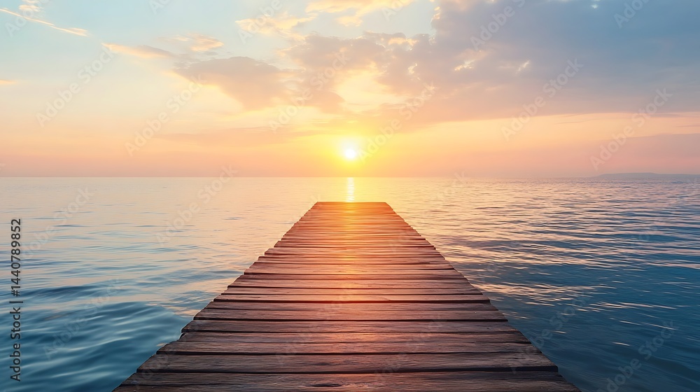 Naklejka premium Tranquil wooden pier extending into a serene sunset over the water.
