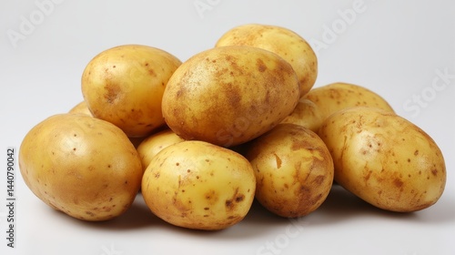 Fresh organic yellow potatoes piled up on a white background