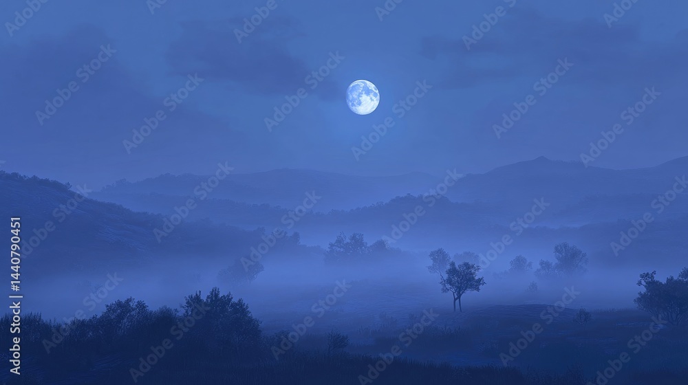 A misty valley under moonlight with distant hills and tree silhouettes emerging from fog A misty valley under moonlight with distant hills and tree silhouettes emerging from fog