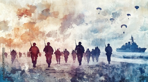 world war ii tribute, seamless watercolor background featuring symbolic soldier silhouettes landing on normandy beach, paratroopers in the sky, and naval ships on a cloudy horizon in neutral tones