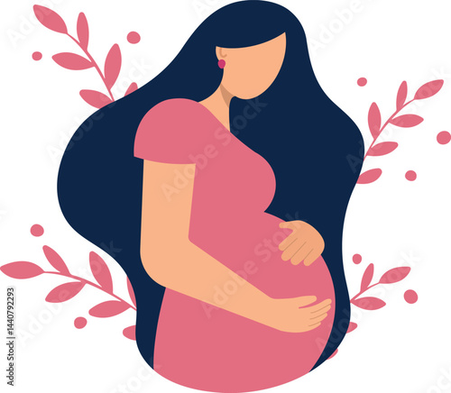 Flat vector illustration of a pregnant woman hugging her belly with hands. Theme — pregnancy and motherhood. Happy Mother's Day! Vector illustration, EPS 10.