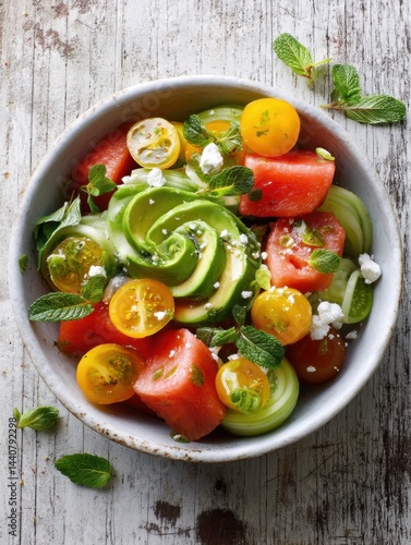Vibrant summer salad with watermelon avocado tomato and mint on rustic wooden table top view healthy eating fresh ingredients light and airy food photography