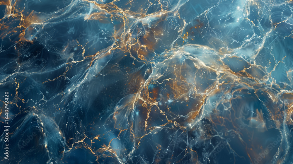 Abstract blue marble texture with golden mineral veins.