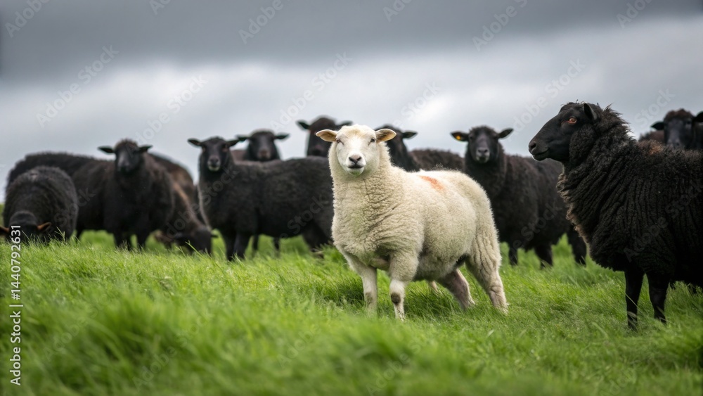 Obraz premium White sheep stands among black sheep on green grass