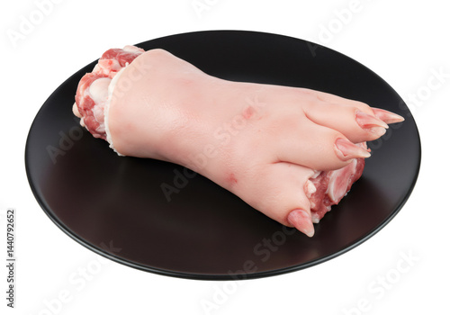 黒いプレートに盛られた豚足の新鮮なカット 透明な背景と肉のディテール 料理の食材
